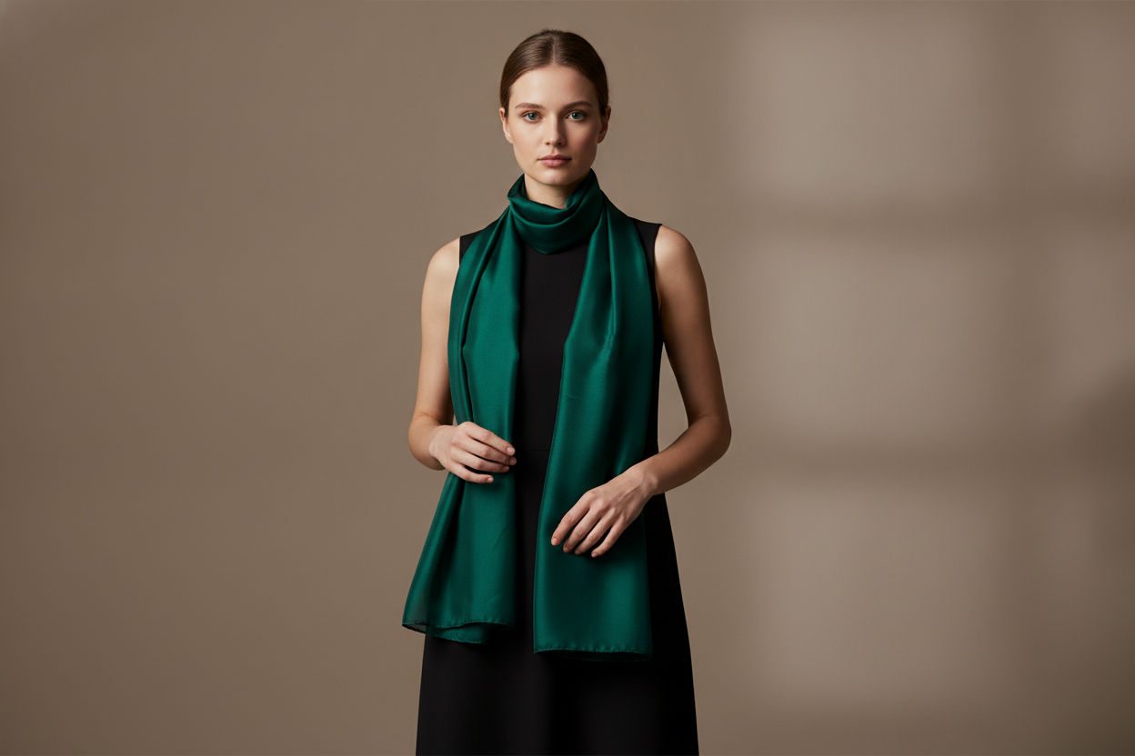 Black dress with a silk scarf in a rich jewel tone styled at the neck for a polished outfit choice