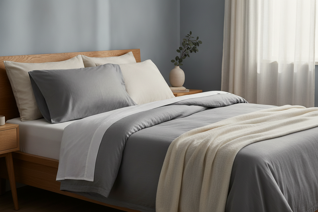 A silk pillowcase styled on a neatly made bed with coordinated bedding and bedroom decor in a warm, intentional color palette.