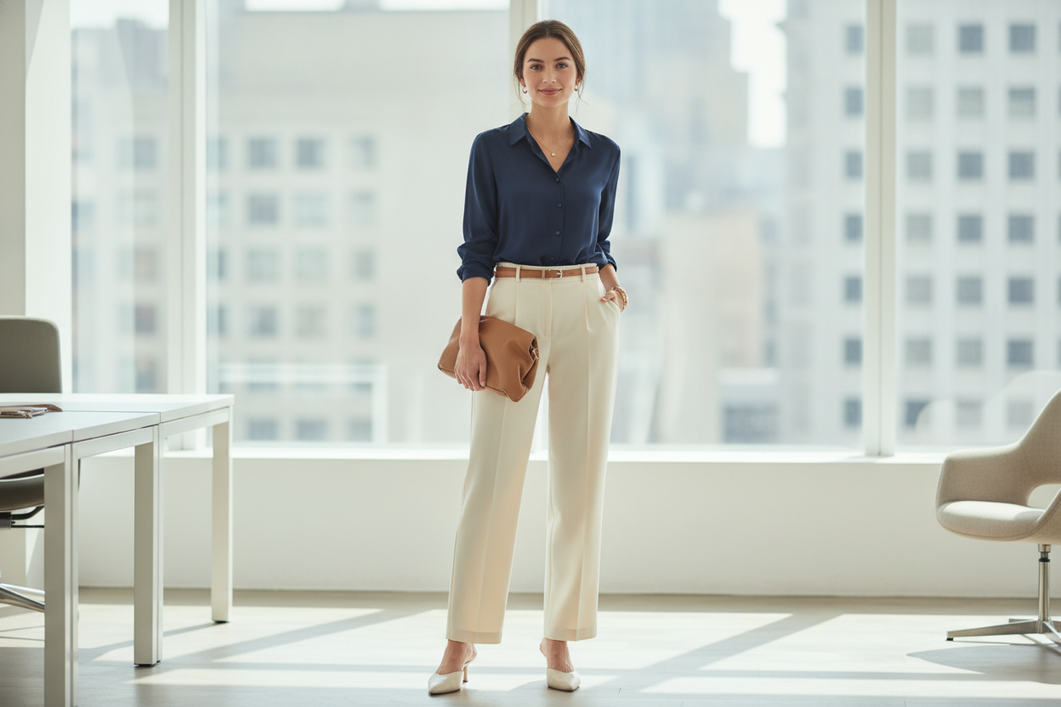 Navy silk blouse styled with cream trousers and a camel accessory in a bright office-like setting