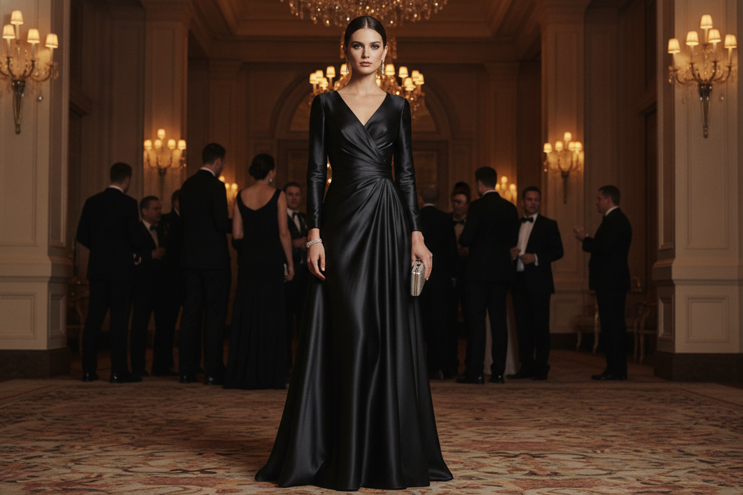 Woman in a formal silk evening gown at a black-tie optional event, shown in a polished full-length editorial portrait with elegant accessories and refined styling.