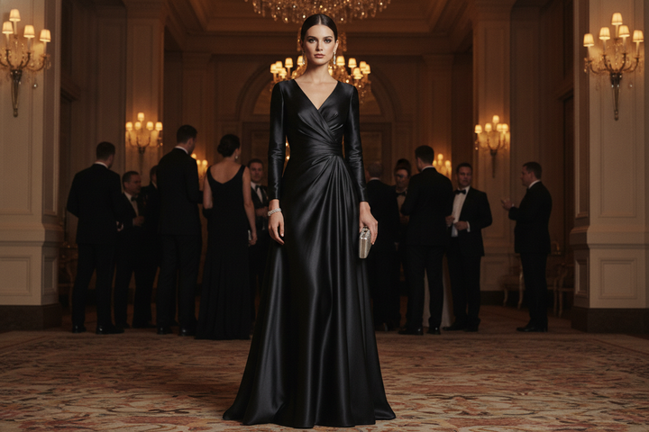 Woman in a formal silk evening gown at a black-tie optional event, shown in a polished full-length editorial portrait with elegant accessories and refined styling.