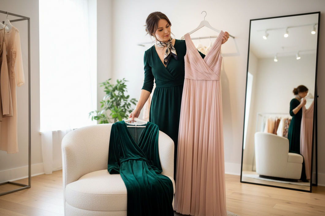 Woman holding a party dress while comparing fabric feel and drape in a boutique fitting room