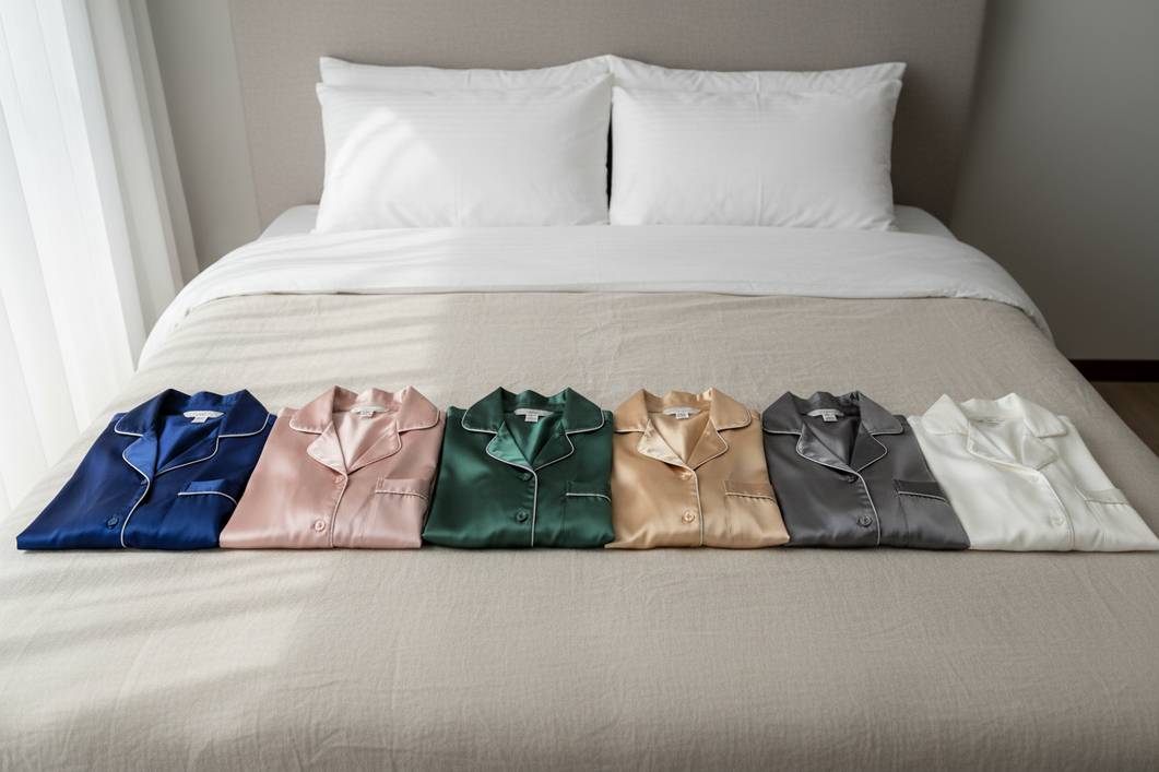 Silk pajamas styled as a color choice guide for different skin undertones, arranged on a bed with a neutral background and several color options nearby