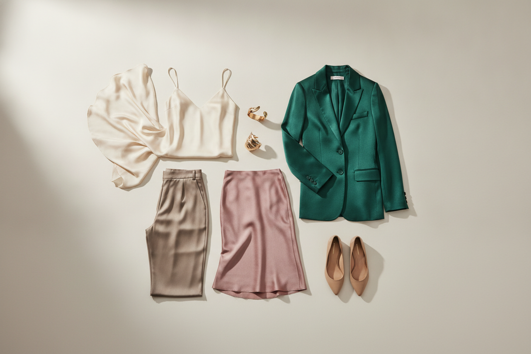 Silk wardrobe styling flat lay with two neutral garments, one bridging shade, and one accent color arranged together on a clean surface.