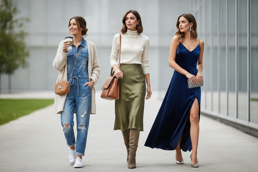 Three women’s date night outfits showing casual, smart casual, and cocktail styling levels