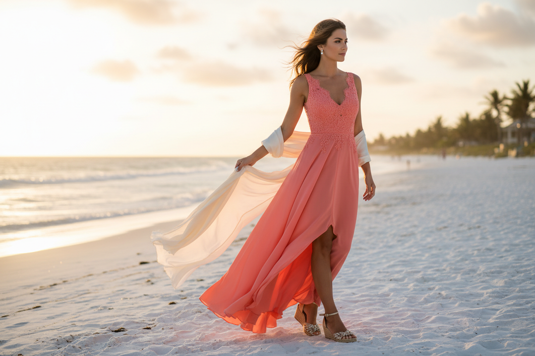 Beach wedding guest outfit with a polished silk dress, secure shoes, and a light wrap styled for windy coastal weather