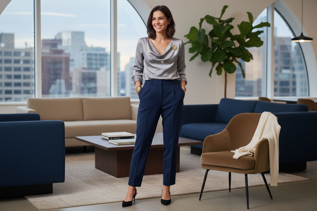 Woman in a polished silk blouse and tailored separates for a company party