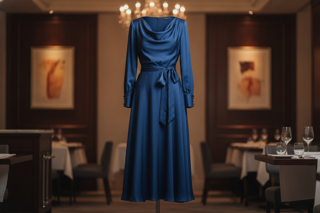 A formal silk dress styled for an elegant evening dinner, shown as a polished editorial hero image