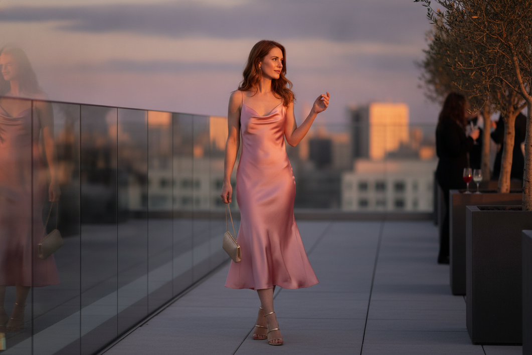 Woman in a silk midi dress styled for a daytime cocktail event in a bright indoor setting