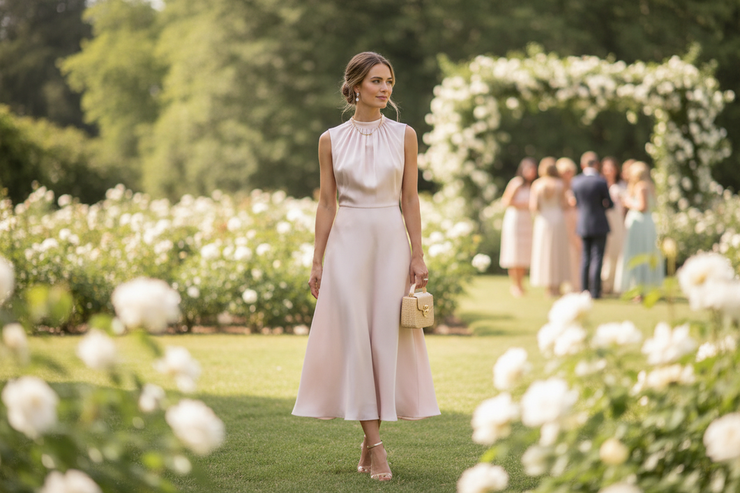 Silk wedding guest dress styled for a summer wedding with a soft finish and polished drape