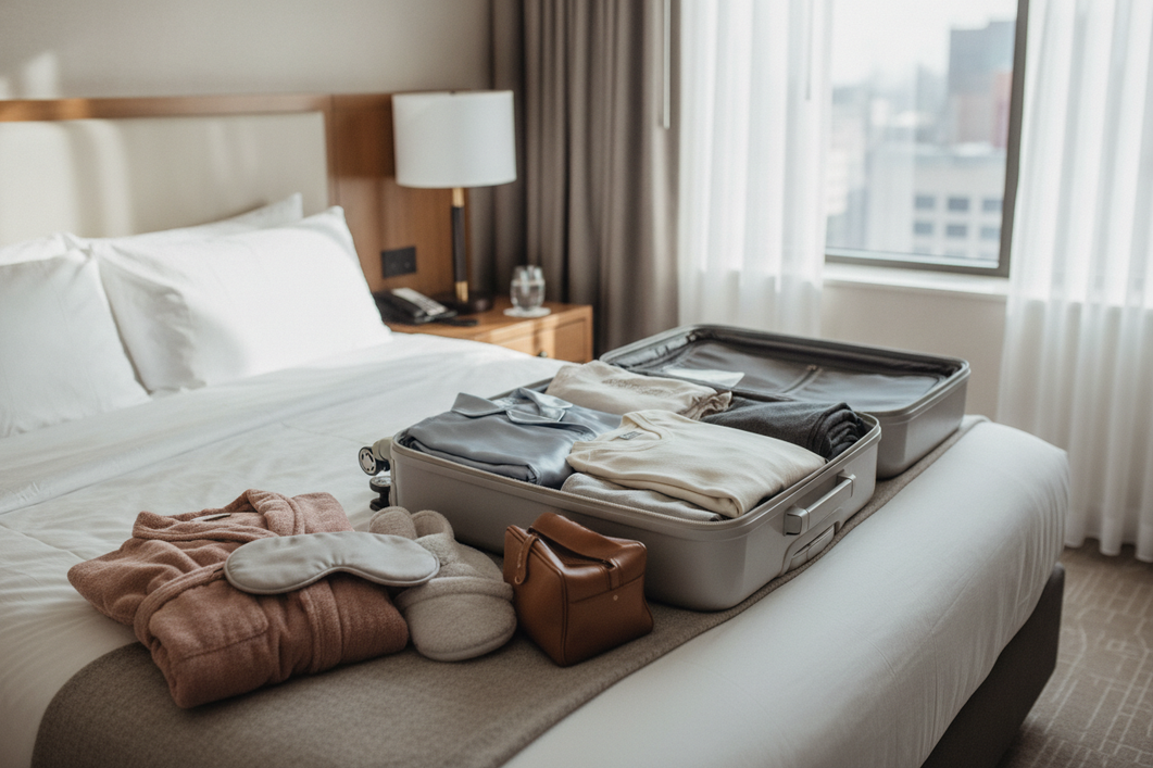 Woman packing silk sleepwear for a hotel trip beside an open suitcase and folded travel clothes