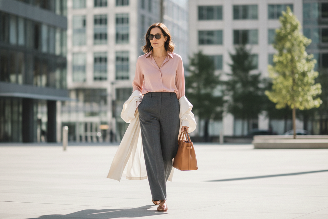 Woman in a silk blouse and tailored trousers with a removable layer for a summer office commute