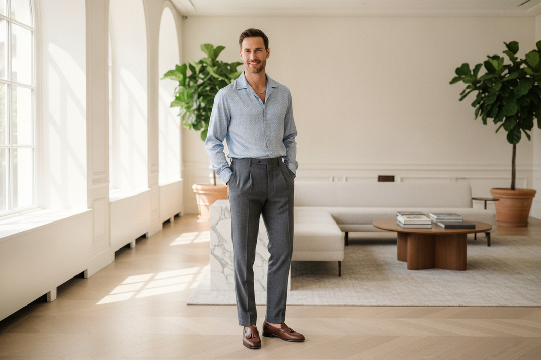 Men’s silk shirt styled for a summer event with tailored trousers and refined shoes in a polished indoor setting