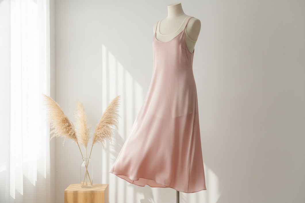 Sheer silk dress styled with a smooth underlayer for coverage and airflow