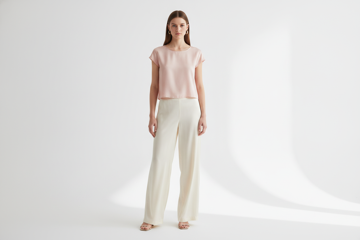 Petite and tall fit check for a summer silk pants outfit shown on a neutral model in a bright studio
