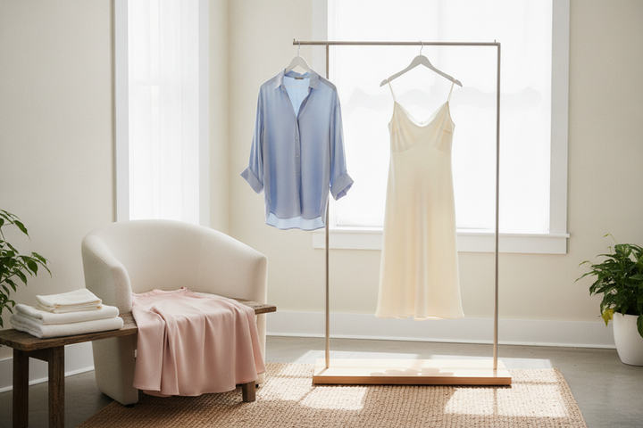 Summer silk dress, blouse, and skirt styled together as a lightweight apparel collection for warm-weather shopping
