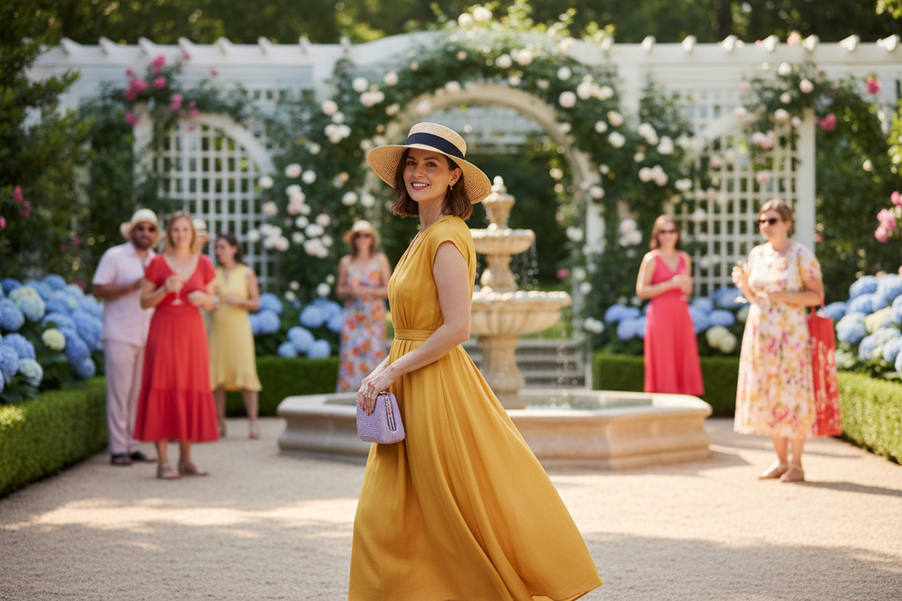 Summer wedding guest dress in a soft colored shade styled for a daytime ceremony