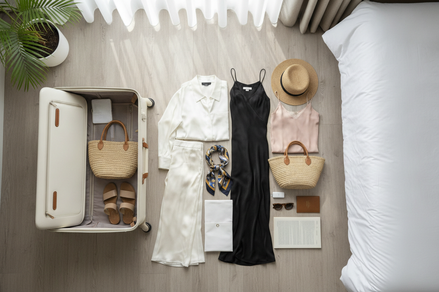 Silk travel capsule wardrobe laid out for a hot-weather trip with a dress, top, pants, scarf, sleepwear, and light layer on a suitcase and bed.