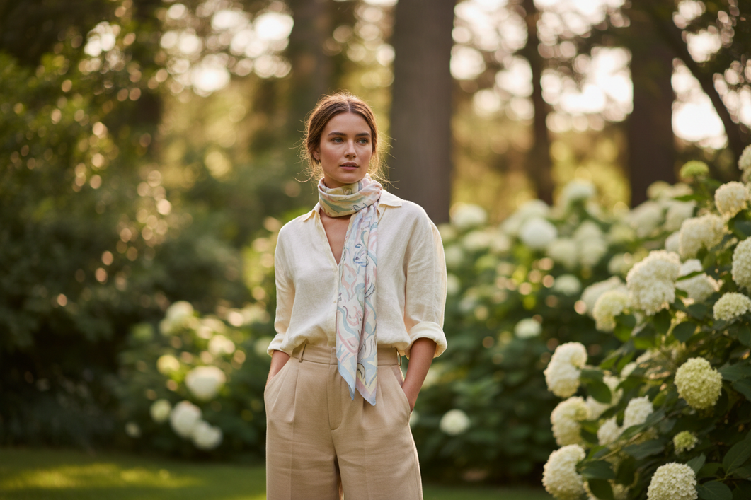 Silk scarf styled with a light summer outfit in natural daylight, showing a soft tonal color choice that blends with the clothes