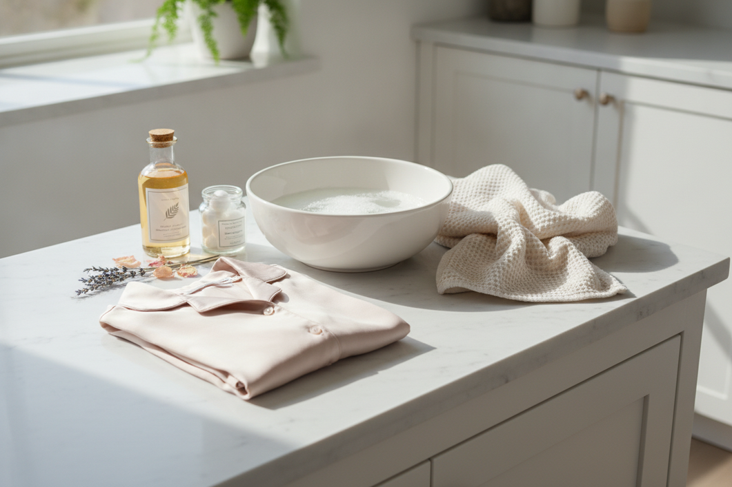 Silk pajama set laid out on a clean surface beside a laundry basin and gentle care items, styled for a home washing routine in hard water