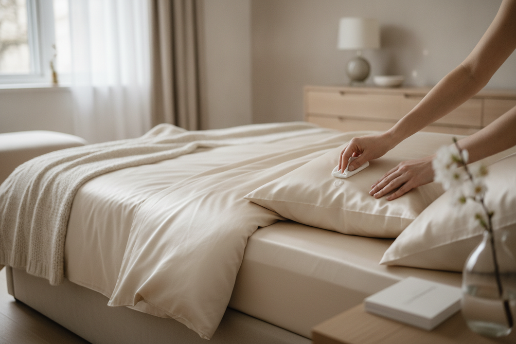 Silk pajamas and pillowcase with a small cream spill being gently blotted by hand on a bed