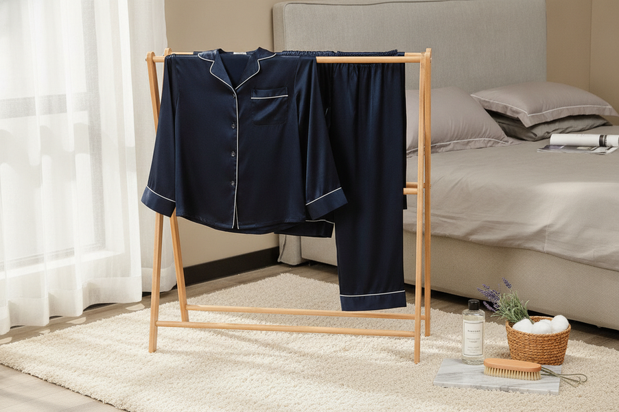 Silk pajama set styled as a clean editorial hero on a bed, showing a simple at-home laundry care scene