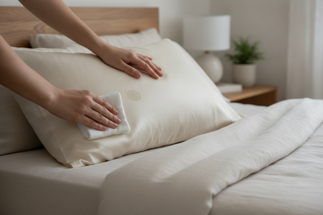 Silk pillowcase with a light oily residue being gently blotted by hand on a bed