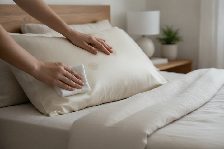 Silk pillowcase with a light oily residue being gently blotted by hand on a bed