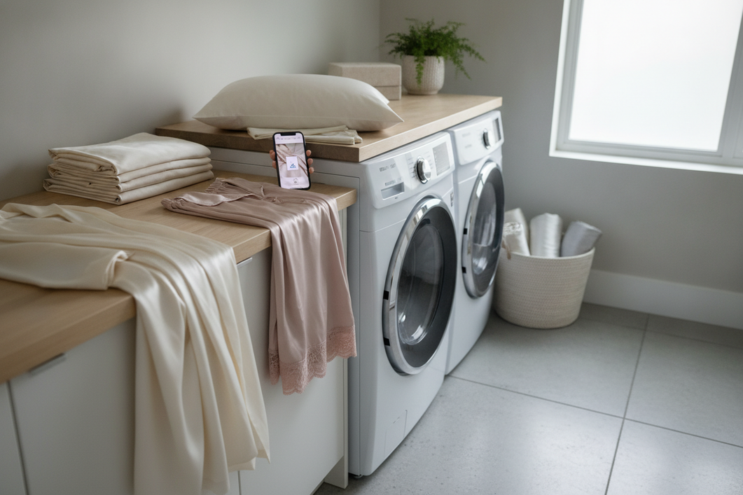Silk bedding laid out for a gentle machine wash decision, shown in a clean laundry room with a washer nearby