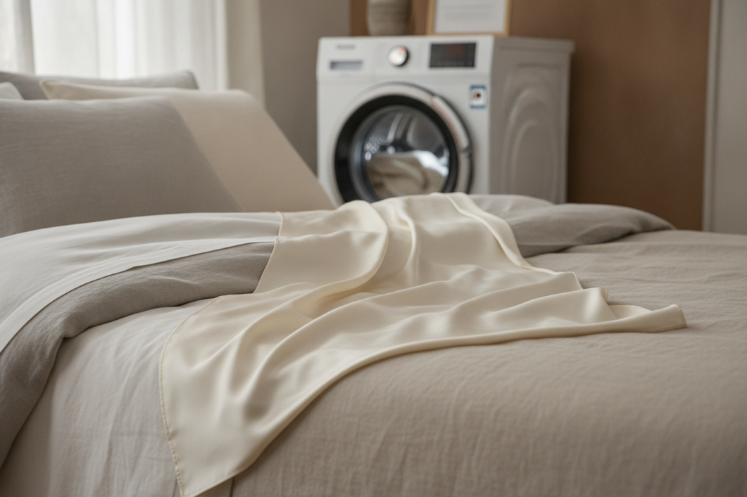 Silk pillowcase on a bed with a washing machine in the background, showing gentle laundry care without hot water