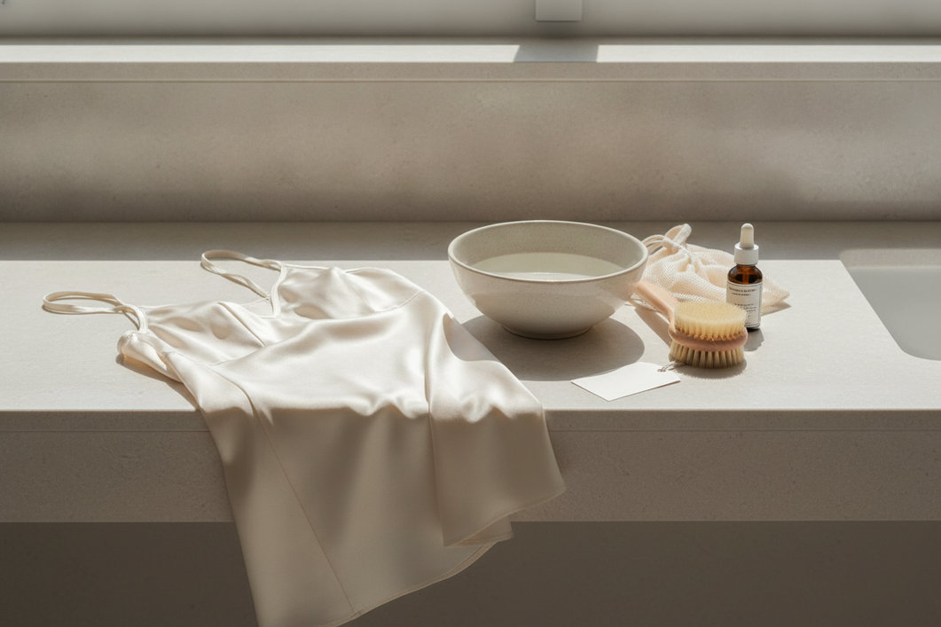 Silk care items arranged beside a fabric care label and a small bowl for gentle hand washing