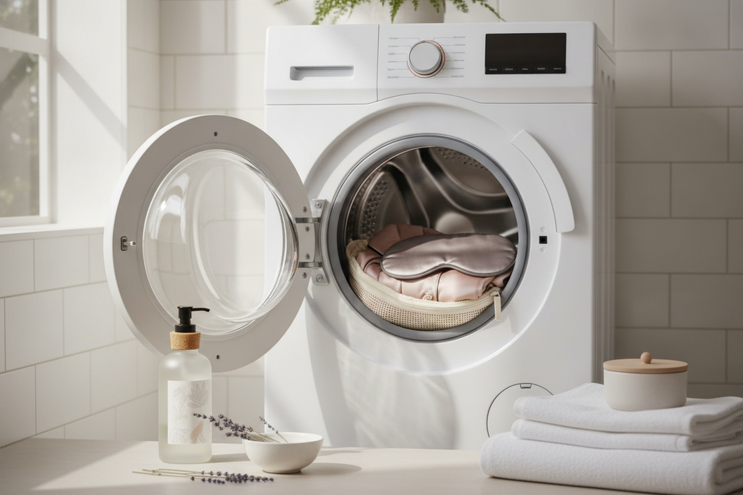 Silk pajamas laid beside a laundry wash bag and gentle detergent near a washing machine, illustrating a careful machine-wash setup.