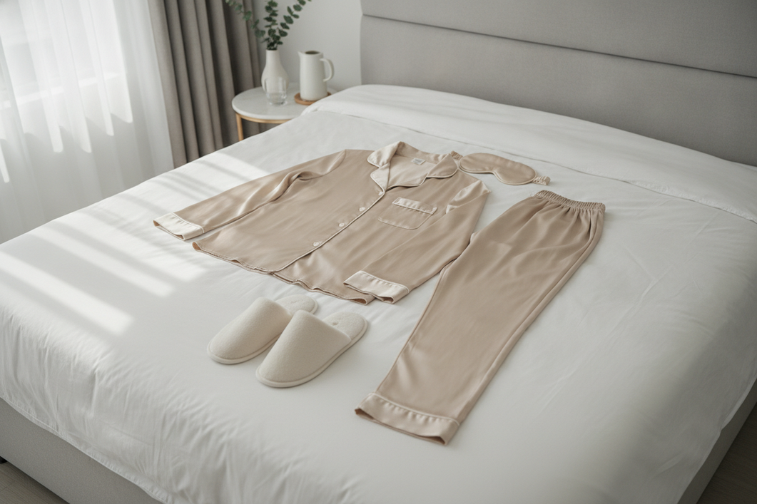 Silk pajama set displayed as a coordinated sleepwear outfit on a bed