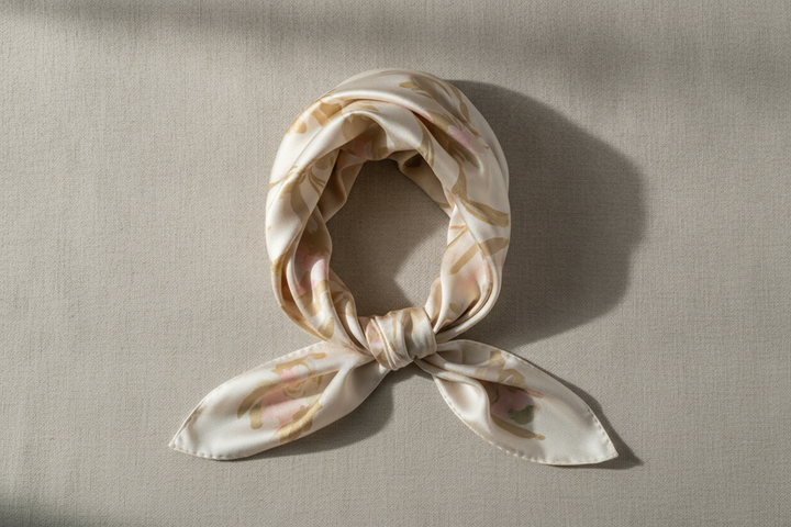 Silk head scarf laid out for hair wrapping size comparison on a neutral surface