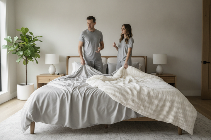 Couple comparing silk bedding layers on an unmade bed, with sheets and a duvet cover shown as separate upgrade options