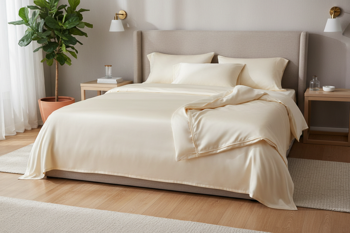 Silk bedding care setup with pillowcase, sheet, and duvet cover arranged for a shared household laundry routine