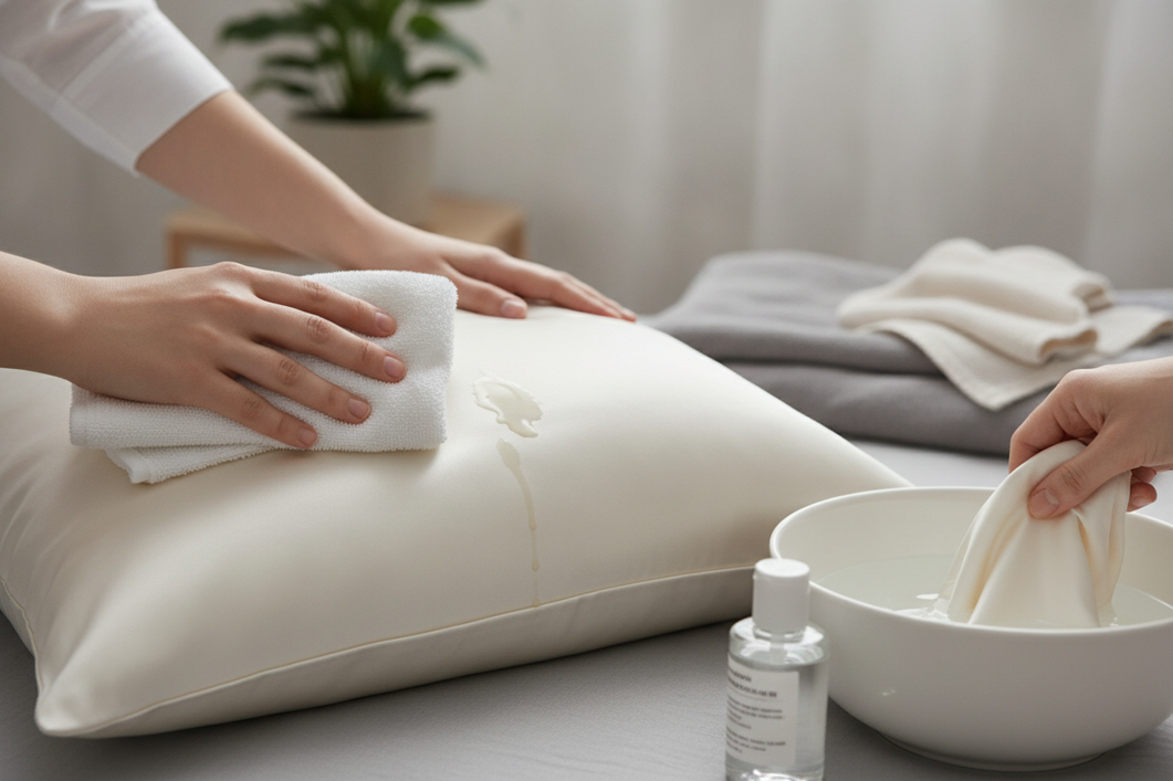 Silk pillowcase and skincare spill cleanup scene with blotting cloth and wash basin