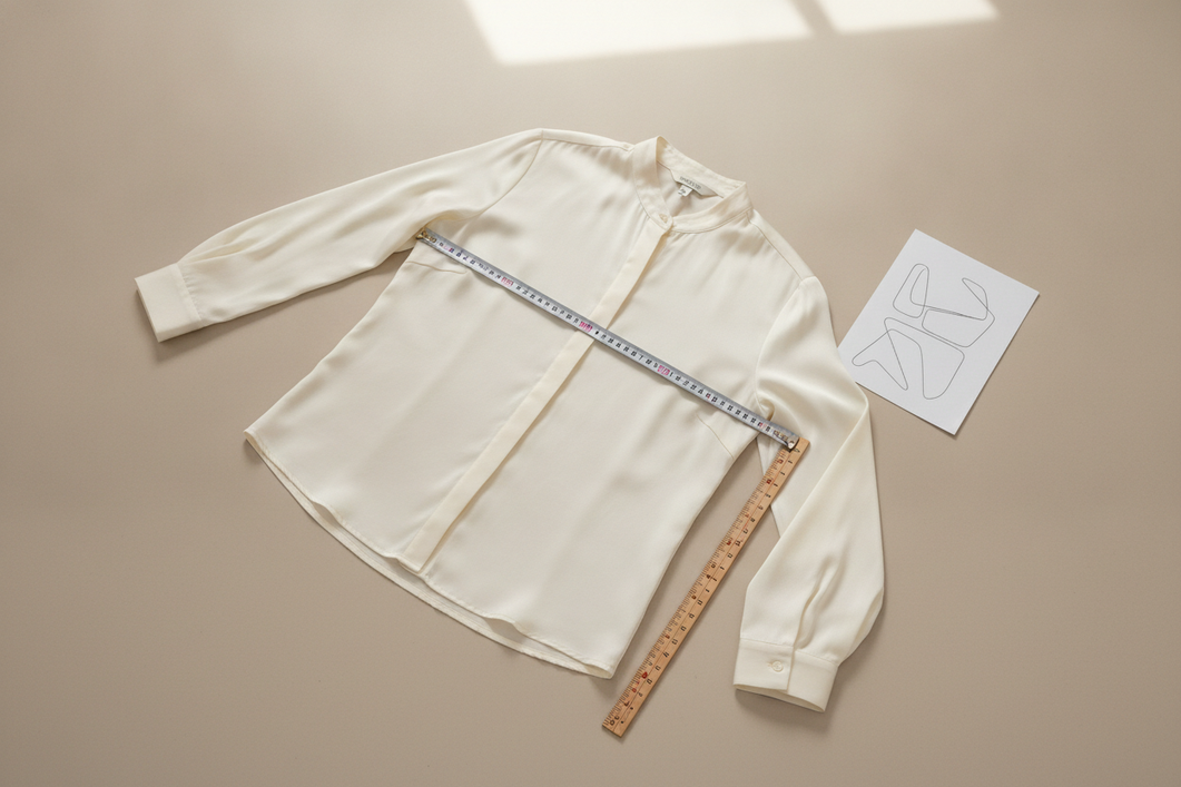Silk blouse laid flat with size chart details and measuring tape for fit checking