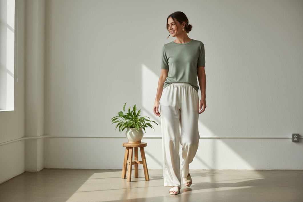 Woman styling silk pants with a matte top and simple shoes for a casual daytime look