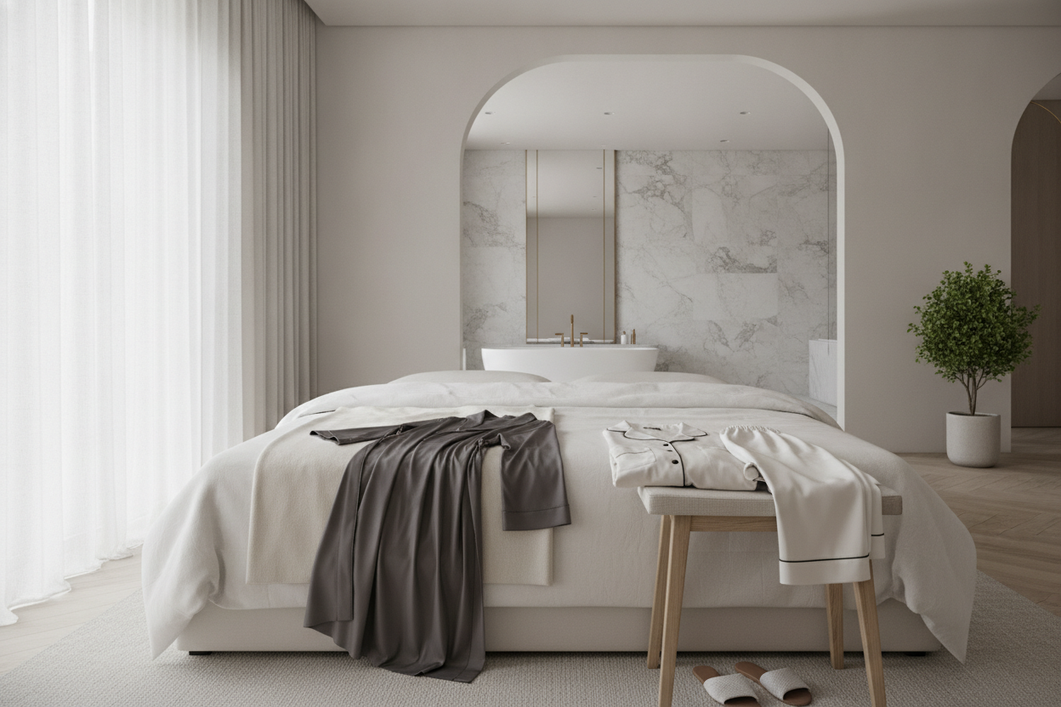 Silk robe and silk pajamas styled for a post-shower choice at home
