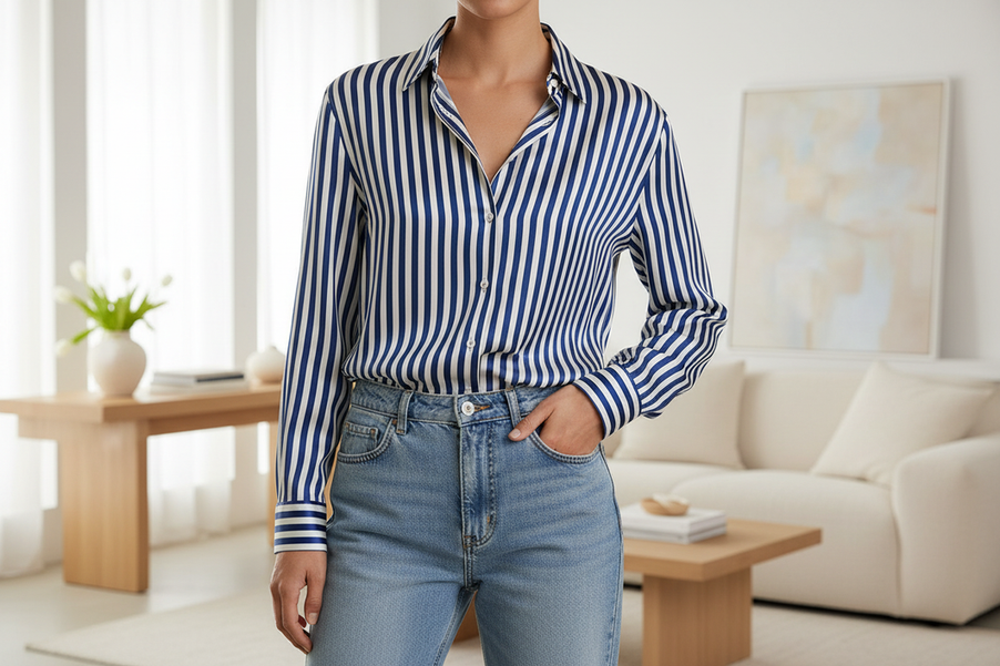 Silk shirt care hero image showing a woman’s long-sleeve silk button-up styled neatly on a hanger in a bright bedroom, with subtle signs of collar, cuff, and underarm inspection