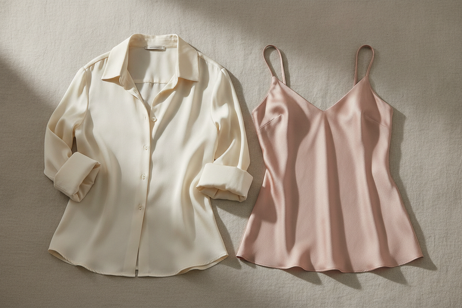 Silk shirt and silk camisole styled for summer layering decisions