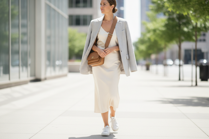 Daytime silk slip dress styled with clean low-profile sneakers and a relaxed layer for a casual outfit