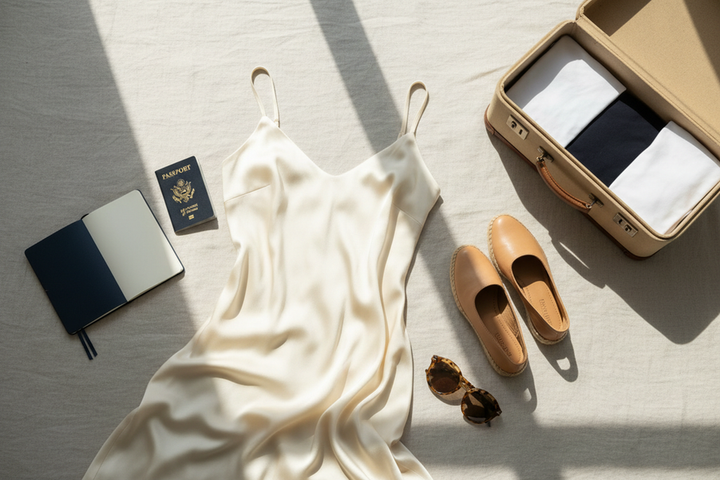 Silk travel outfit arranged for a summer trip: a simple dress with sandals, sunglasses, and a small suitcase