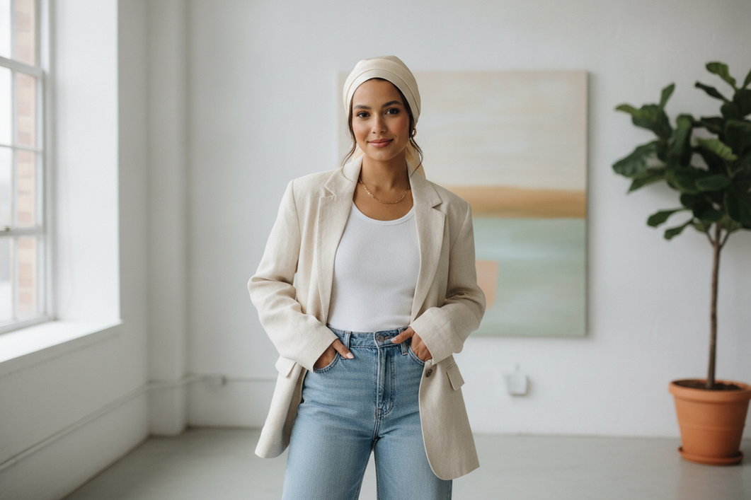 Square silk scarf styled as a daytime head wrap on a woman with natural hair, showing visible coverage and outfit coordination