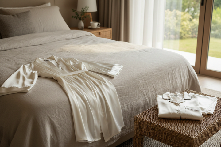 Silk robe and pajamas styled for a calm morning at home