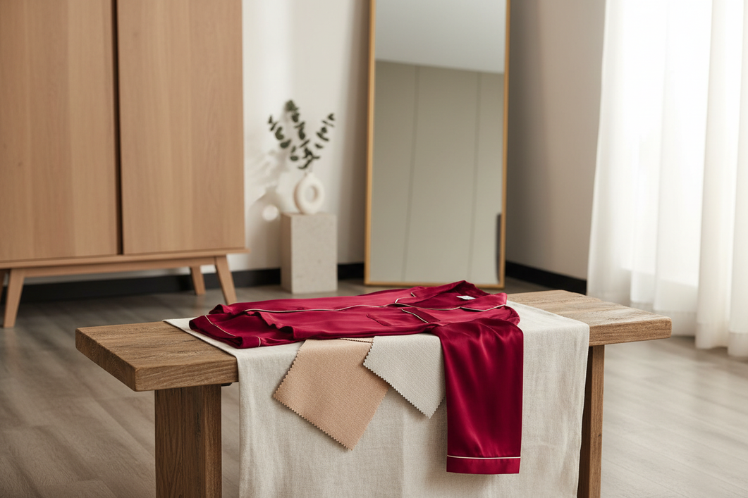Editorial hero showing a 100% mulberry silk pajama set arranged for a silk-versus-satin clothing comparison.