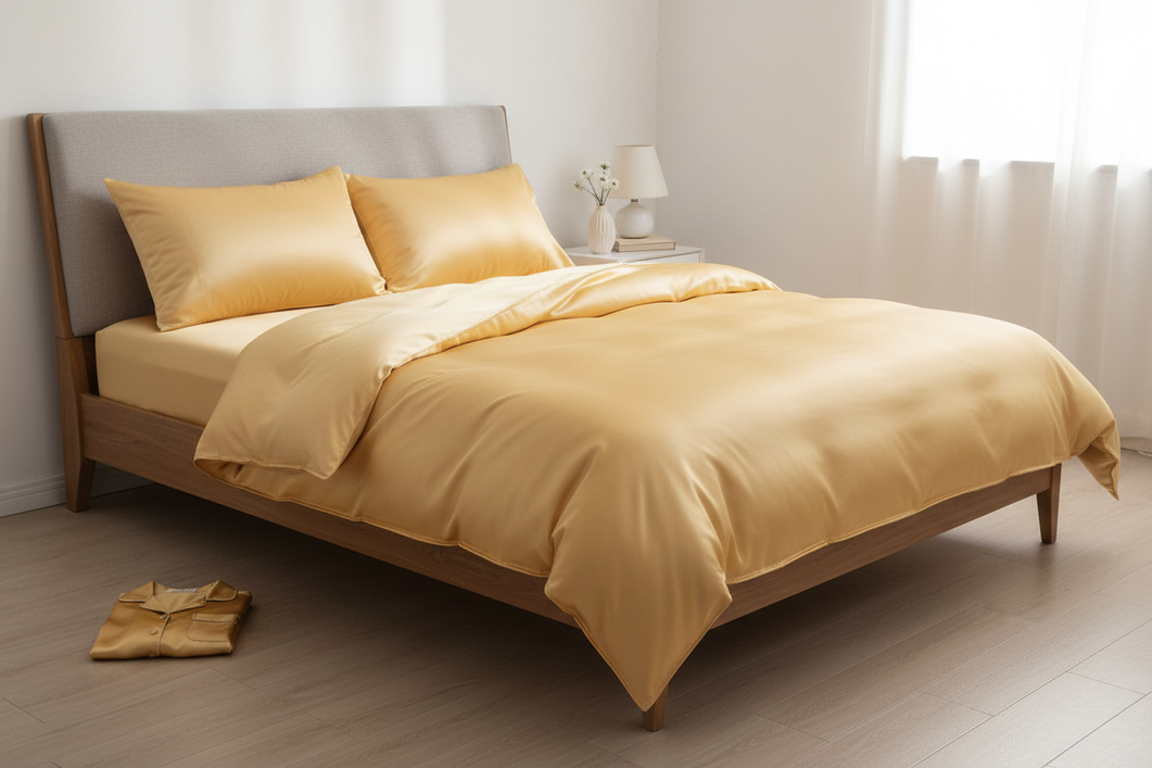 Silk bedding and sleepwear arranged as two possible first upgrades for a hot sleeper