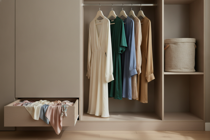 Open small closet and drawer arranged for loose, shaded silk storage, with folded silk garments, scarves, and sleepwear separated by type.