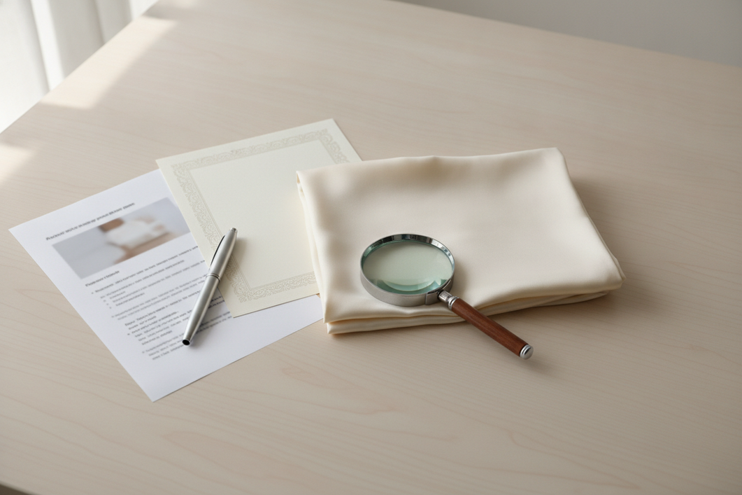 Silk certification claim audit with a silk item, saved product details, and certification paperwork arranged for comparison